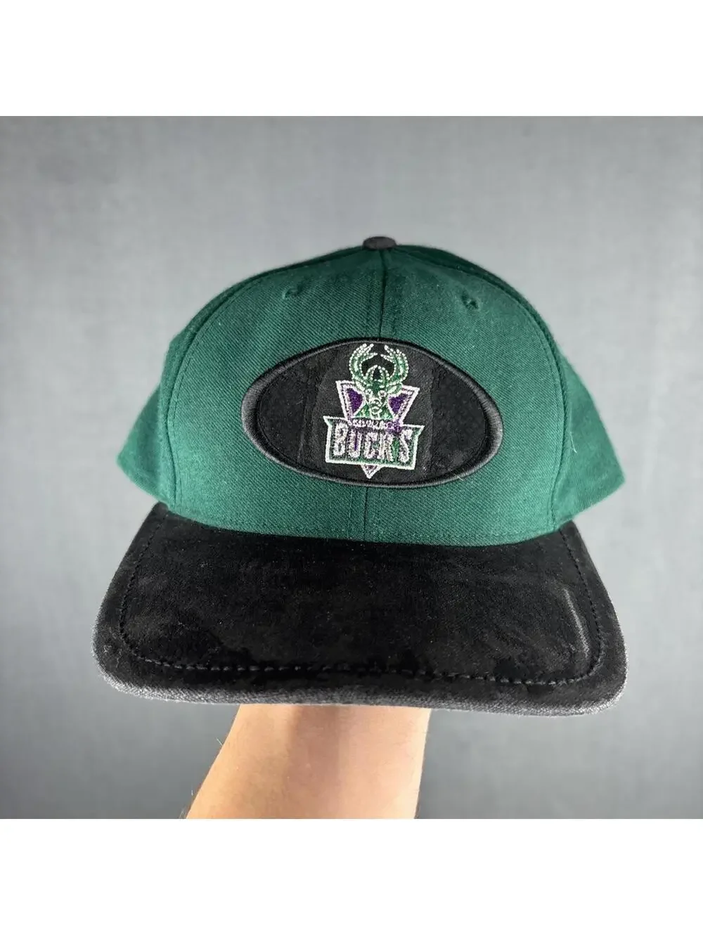 Vintage 90s Milwaukee Bucks Twins Snapback Hat Green Black Suede Brim NBA